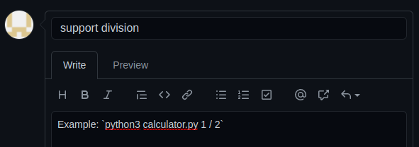 Title "support division" and example command to divide